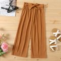 Kid Girl Solid Color Ribbed Belted Wide Leg Pants Brown