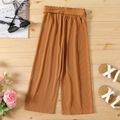 Kid Girl Solid Color Ribbed Belted Wide Leg Pants Brown
