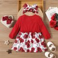 2pcs Baby Girl Red Long-sleeve Faux-two Ruffle Trim Allover Rose Floral Print Dress with Headband Set Red