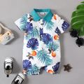 Baby Boy Contrast Collar Allover Palm Leaf Print Short-sleeve Romper ColorBlock