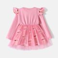 Super Pets Toddler Girl Letter Print Ruffled Mesh Design Long-sleeve Pink Dress Pink image 2