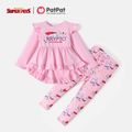Super Pets 2pcs Toddler Girl Letter Print Ruffled High Low Long-sleeve Pink Tee and Allover Print Leggings Set Pink