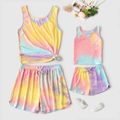 Tie Dye Rib Knit Notch Neck Tank Top with Shorts Sets for Mom and Me Colorful