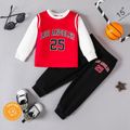 2pcs Baby Boy 95% Cotton Long-sleeve Faux-two Letter & Number Print Top and Sweatpants Set Color block image 1