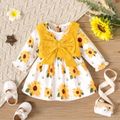 2pcs Baby Girl 100% Cotton Bow Front Tank Crop Top and Allover Sunflower Floral Print Long-sleeve Dress Set Yellow