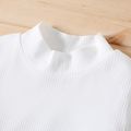 2pcs Kid Girl Ribbed Mock Neck Long-sleeve White Tee and Plaid Belted Skirt Set White