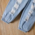 2pcs Toddler Girl Ruched Cold Shoulder Long-sleeve Tee and Ripped Denim Jeans Set LightOchre