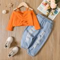 2pcs Toddler Girl Ruched Cold Shoulder Long-sleeve Tee and Ripped Denim Jeans Set LightOchre
