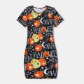 Halloween Allover Pumpkin & Letter Print Short-sleeve Bodycon T-shirt Dress for Mom and Me Colorful image 2