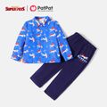 Super Pets 2pcs Toddler Boy Allover Print Lapel Collar Long-sleeve Shirt and Letter Print Pants Set Blue