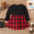 2pcs Baby Girl Lace Long-sleeve Spliced Rib Knit Romper and Plaid Skirt Set redblack