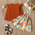 2pcs Toddler Girl Ruffled Long-sleeve Brown Tee and Floral Print Suspender Skirt Set Brown image 2