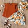 2pcs Toddler Girl Ruffled Long-sleeve Brown Tee and Floral Print Suspender Skirt Set Brown