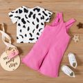2pcs Baby Girl Cow Print Short-sleeve T-shirt and Denim Bell Bottom Overalls Set Pink