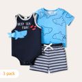3-Pack Baby Boy 100% Cotton Cartoon Shark & Letter Print Tank Romper and Short-sleeve Tee with Striped Shorts Set ColorBlock image 1