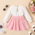 100% Cotton 2pcs Baby Girl Floral Embroidered Ruffle Trim Long-sleeve Top and Belted Skirt Set Pink image 2