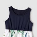 Family Matching Solid Spliced Plant Print Tank Dresses and Short-sleeve Striped T-shirts Sets Blue