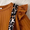 2pcs Baby Girl Rib Knit Ruffle Long-sleeve Romper and Leopard Suspender Skirt Set Caramel