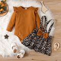 2pcs Baby Girl Rib Knit Ruffle Long-sleeve Romper and Leopard Suspender Skirt Set Caramel