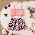 2pcs Baby Girl 95% Cotton Bow Front Shirred Camisole and Leopard & Floral Print Skirt Set Pink