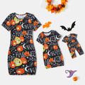 Halloween Allover Pumpkin & Letter Print Short-sleeve Bodycon T-shirt Dress for Mom and Me Colorful image 1