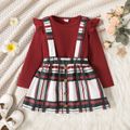 2pcs Toddler Girl Ruffled Long-sleeve Burgundy Tee and Plaid Button Design Suspender Skirt Set Burgundy