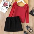 2pcs Kid Girl Square Neck Long-sleeve Ribbed Tee and Button Design Skirt Set Burgundy