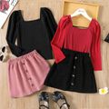 2pcs Kid Girl Square Neck Long-sleeve Ribbed Tee and Button Design Skirt Set Burgundy