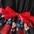 Kid Girl Floral Print Lace Design Splice Beautiful Short-sleeve Dress Black