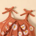 100% Cotton Crepe Baby Girl Allover Daisy Floral Print Ruffle Trim Cami Jumpsuit Brown image 4