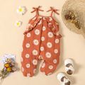 100% Cotton Crepe Baby Girl Allover Daisy Floral Print Ruffle Trim Cami Jumpsuit Brown