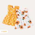 2-Pack Baby Girl Polka Dots and Sunflower Floral Print Ruffle Trim Sleeveless Dresses Set Multi-color