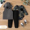 3-Pack Baby Boy Long-sleeve Camouflage Romper and Hooded Vest with Pants Set MultiColour