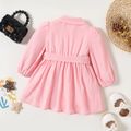 100% Cotton Baby Girl Solid Peter Pan Collar Double Breasted Belted Long-sleeve Dress Pink image 3