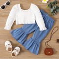 2pcs Baby Girl 100% Cotton Flared Pants and Bow Front Long-sleeve Textured Crop Top Set BLUEWHITE