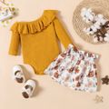 2pcs Baby Girl Solid Rib Knit Ruffle Collar Long-sleeve Romper and Allover Floral Print Skirt Set Ginger-2 image 1