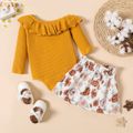 2pcs Baby Girl Solid Rib Knit Ruffle Collar Long-sleeve Romper and Allover Floral Print Skirt Set Ginger-2 image 2