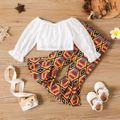 2pcs Baby Girl 100% Cotton Eyelet Embroidered Ruched Long-sleeve Top and Boho Flared Pants Set Color block