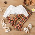 2pcs Baby Girl 100% Cotton Eyelet Embroidered Ruched Long-sleeve Top and Boho Flared Pants Set Color block image 1