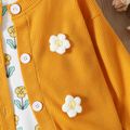 2pcs Toddler Girl Floral Print Sleeveless Dress and Yarn Flower Design Jacket Set Yellow