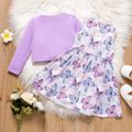 2pcs Toddler Girl Butterfly Print Sleeveless Dress and Button Design Purple Cardigan Set Purple image 2