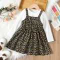 2-piece Toddler Girl Textured Solid Long-sleeve Tee and Floral Allover Corduroy Sleeveless Dress Set White