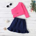 2pcs Toddler Girl One Shoulder Cut Out Bowknot Long-sleeve Pink Tee and Ruffle Hem Denim Skirt Set Hot Pink