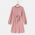Pink Cable Knit Round Neck Belted Long-sleeve Dress for Mom and Me Pink image 2