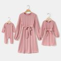 Pink Cable Knit Round Neck Belted Long-sleeve Dress for Mom and Me Pink image 1
