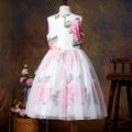 Kid Girl Floral Print Belted Sleeveless Mesh Design Party Dress Red/White image 2