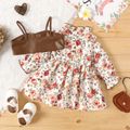 2pcs Baby Girl Button Front Floral Print Long-sleeve Dress with Faux Leather Camisole Set Brown