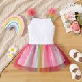 Baby Girl 95% Cotton Rainbow & Letter Print Cami Romper and Colorful Mesh Skirt Set Colorful