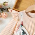 Toddler Girl Faux-two Floral Allover Textured Ruffle and Bow Decor Long-sleeve Dress Apricot image 3