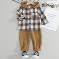 2pcs Kid Boy Plaid Hooded Long-sleeve Shirt and Elasticized Pants Set lighttan image 1